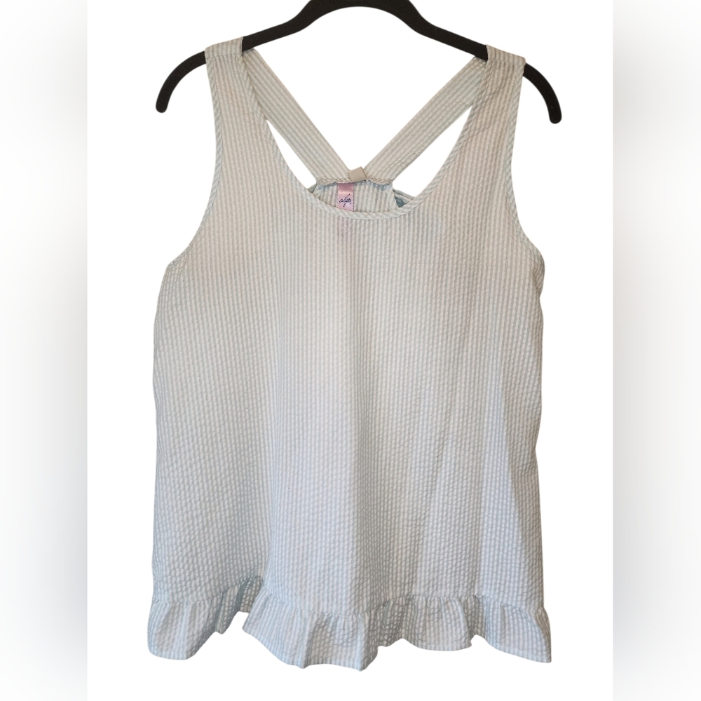 ​Alya Blue & White Seersucker Ruffle Hem Tank Top with Back Bow - Size M